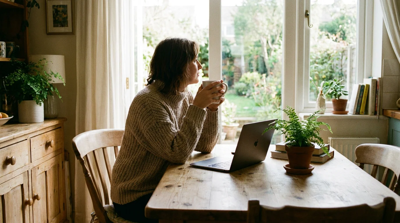 Person sitting calmly at a desk with a cup of tea, taking a break from screens