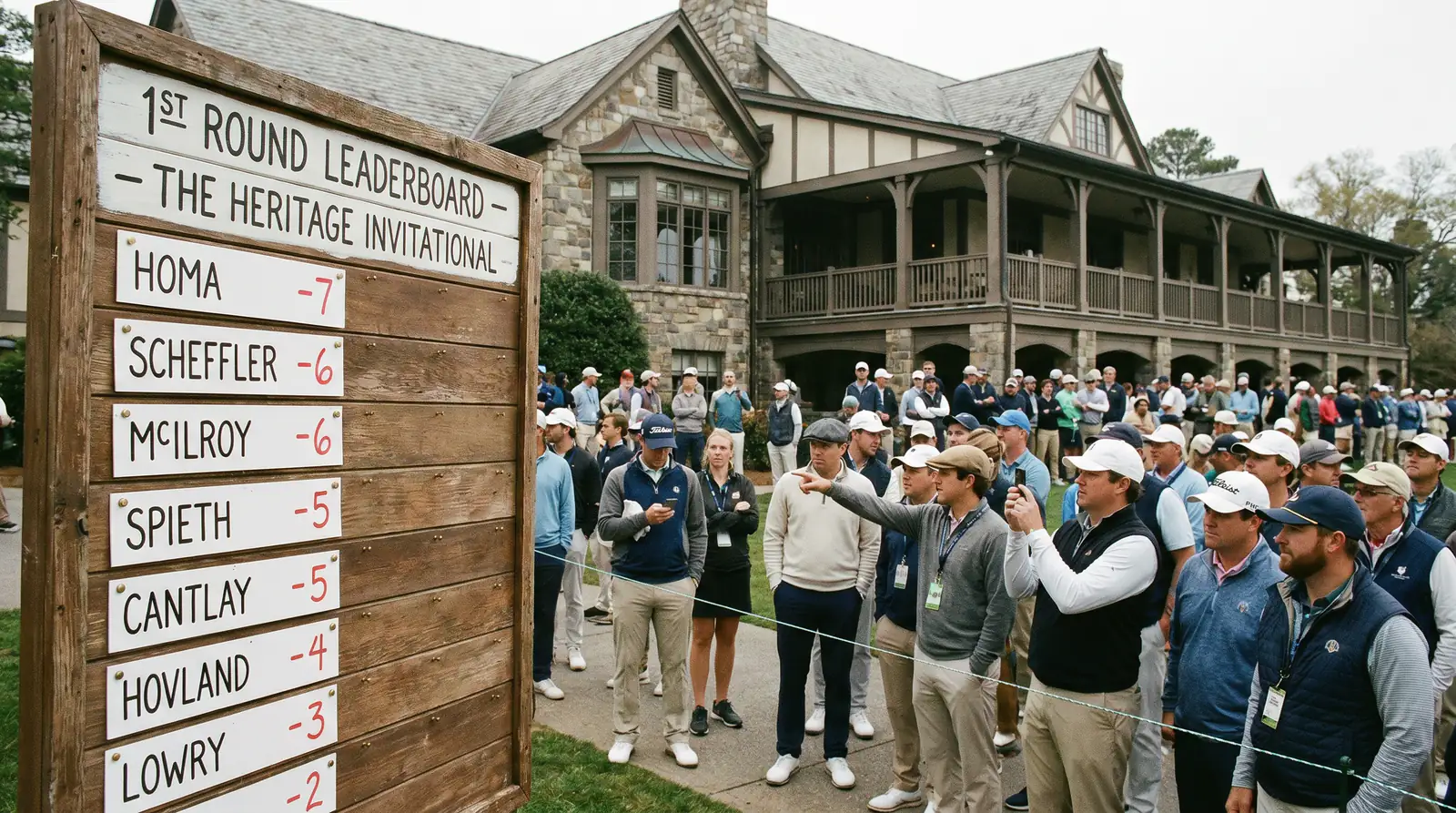 First-round leaderboard posted outside a clubhouse with players clustered near the top