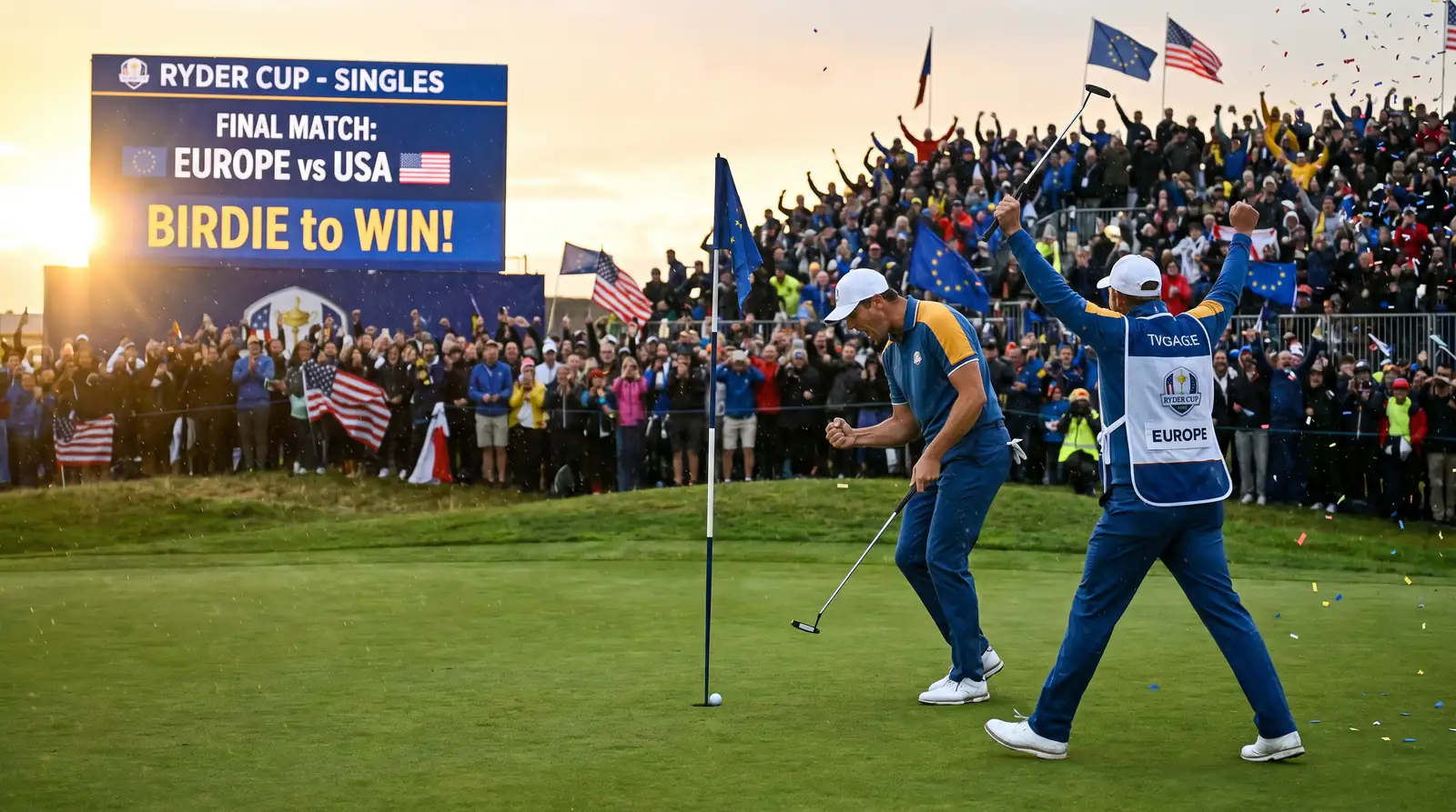 Intense singles match play scene with a golfer celebrating a crucial putt on the back nine