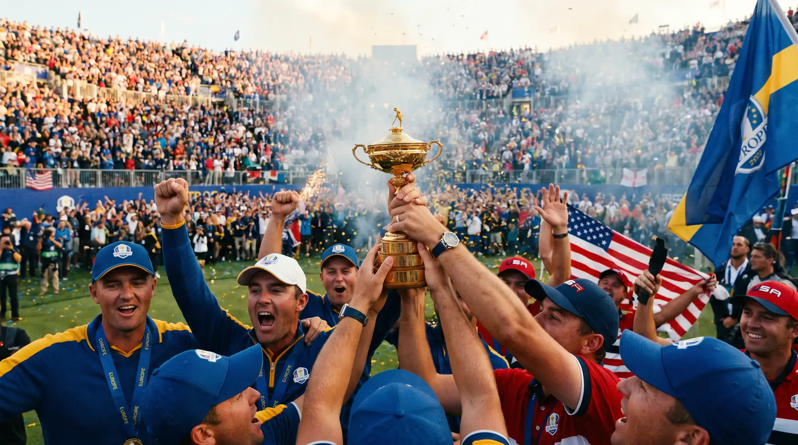 Close-up of the Ryder Cup trophy with team flags and a packed amphitheatre grandstand behind