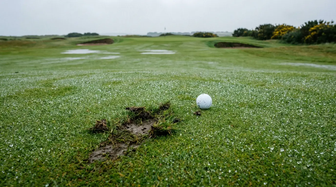 Soft receptive golf green with a ball mark and water droplets showing conditions favouring low scoring