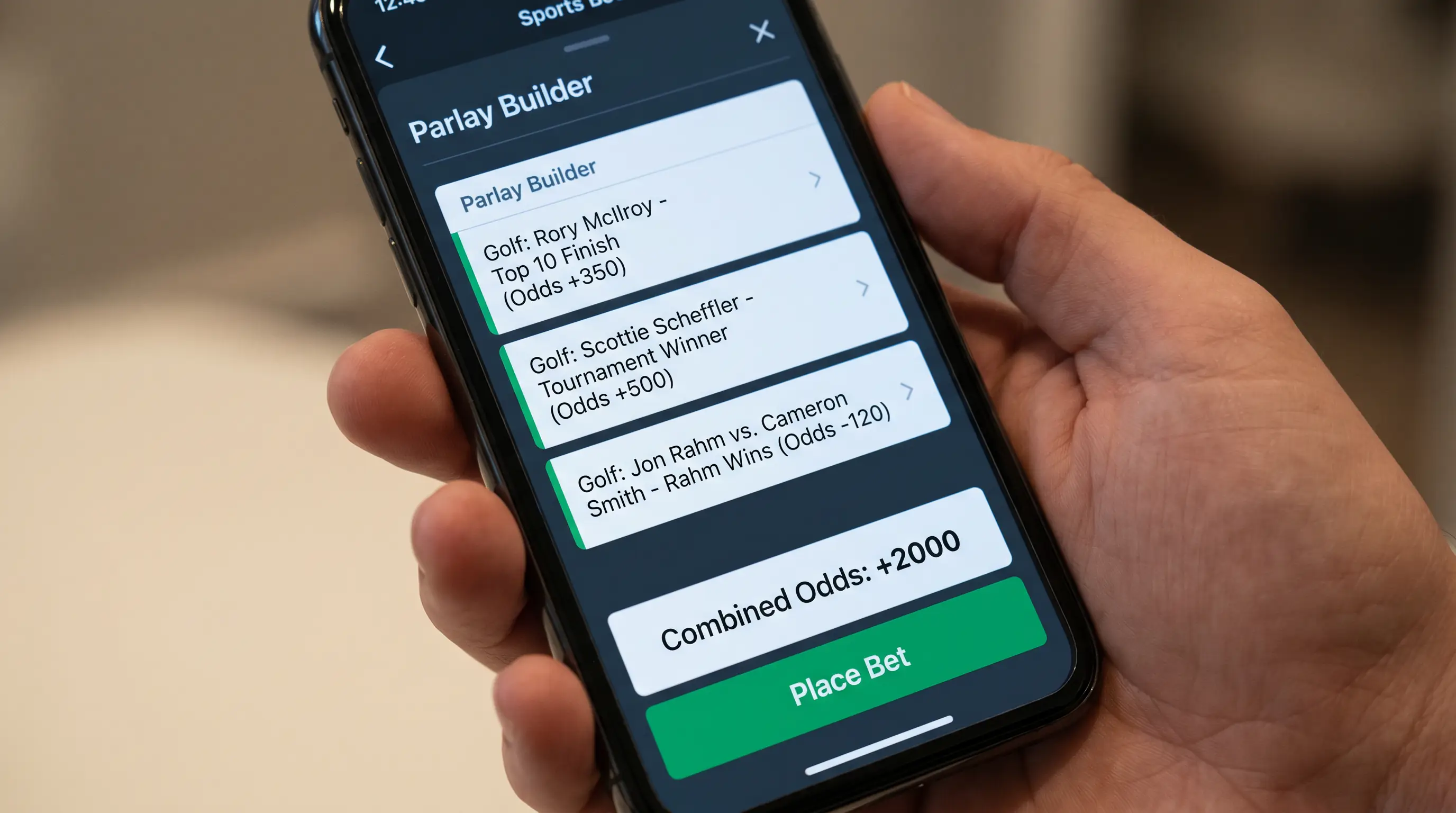 Smartphone showing a same-game parlay builder with three golf market legs selected