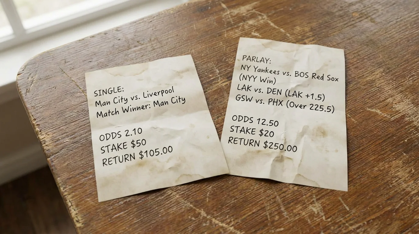 Two bet slips side by side comparing a same-game parlay and traditional accumulator structure