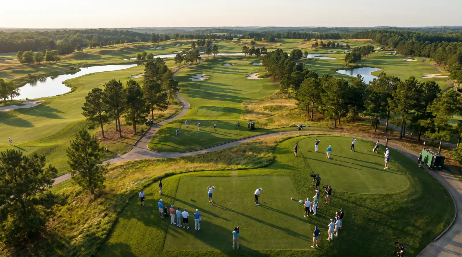 Multiple groups of golfers teeing off simultaneously from different holes in a shotgun start