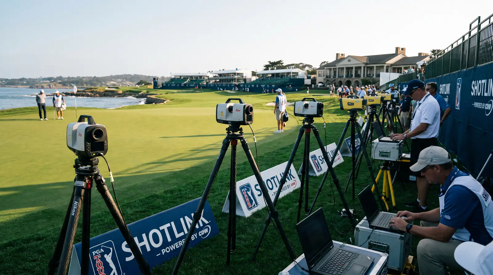 ShotLink laser measurement equipment positioned beside a golf green capturing ball position data