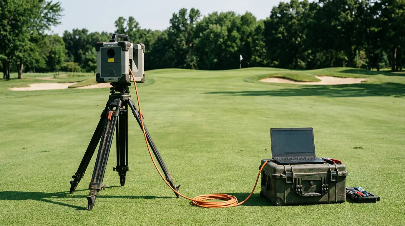 ShotLink laser measurement system tracking a golf ball position on the fairway
