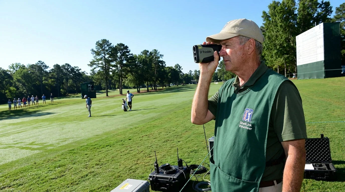 ShotLink volunteer operating a handheld laser tracking device on the edge of a PGA Tour fairway
