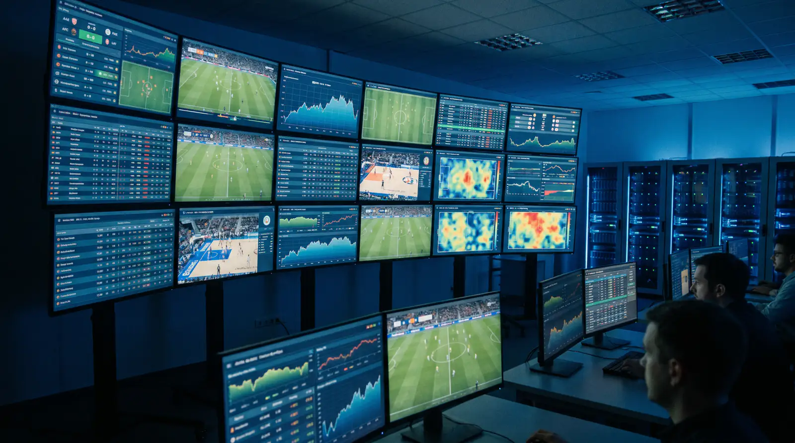 Bank of monitors showing real-time sports data feeds with golf tournament statistics streaming