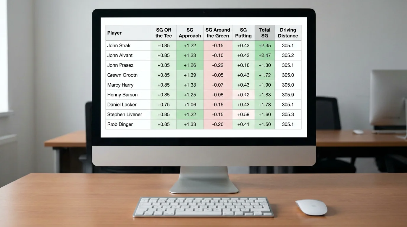 Computer screen displaying Strokes Gained statistics and approach metrics for professional golfers