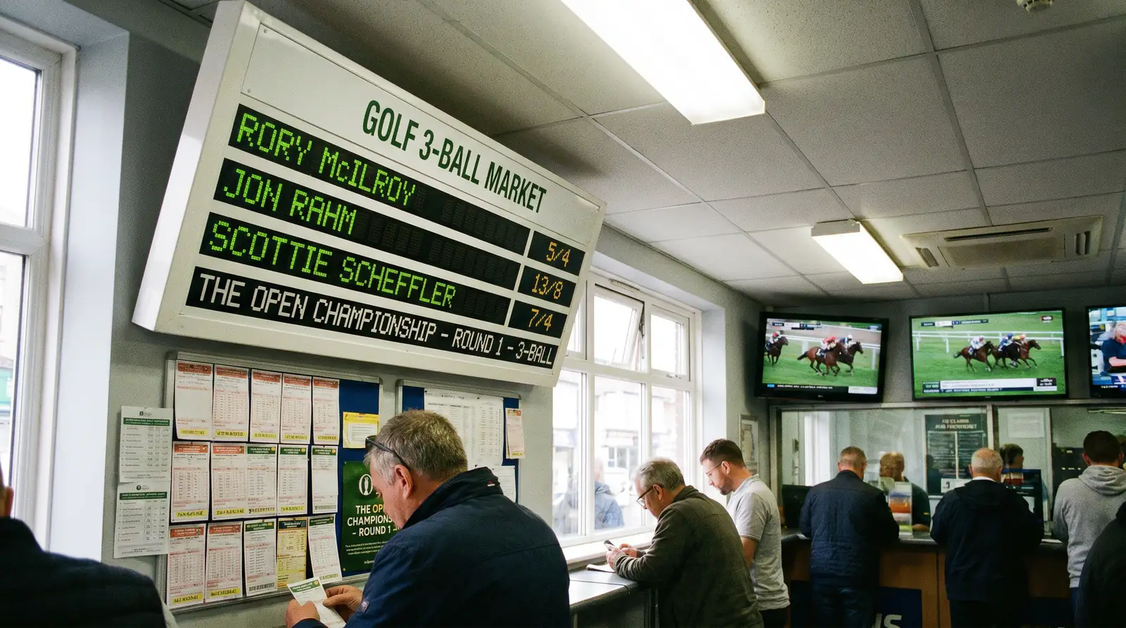 Betting odds board displaying three-player group market prices for a golf tournament
