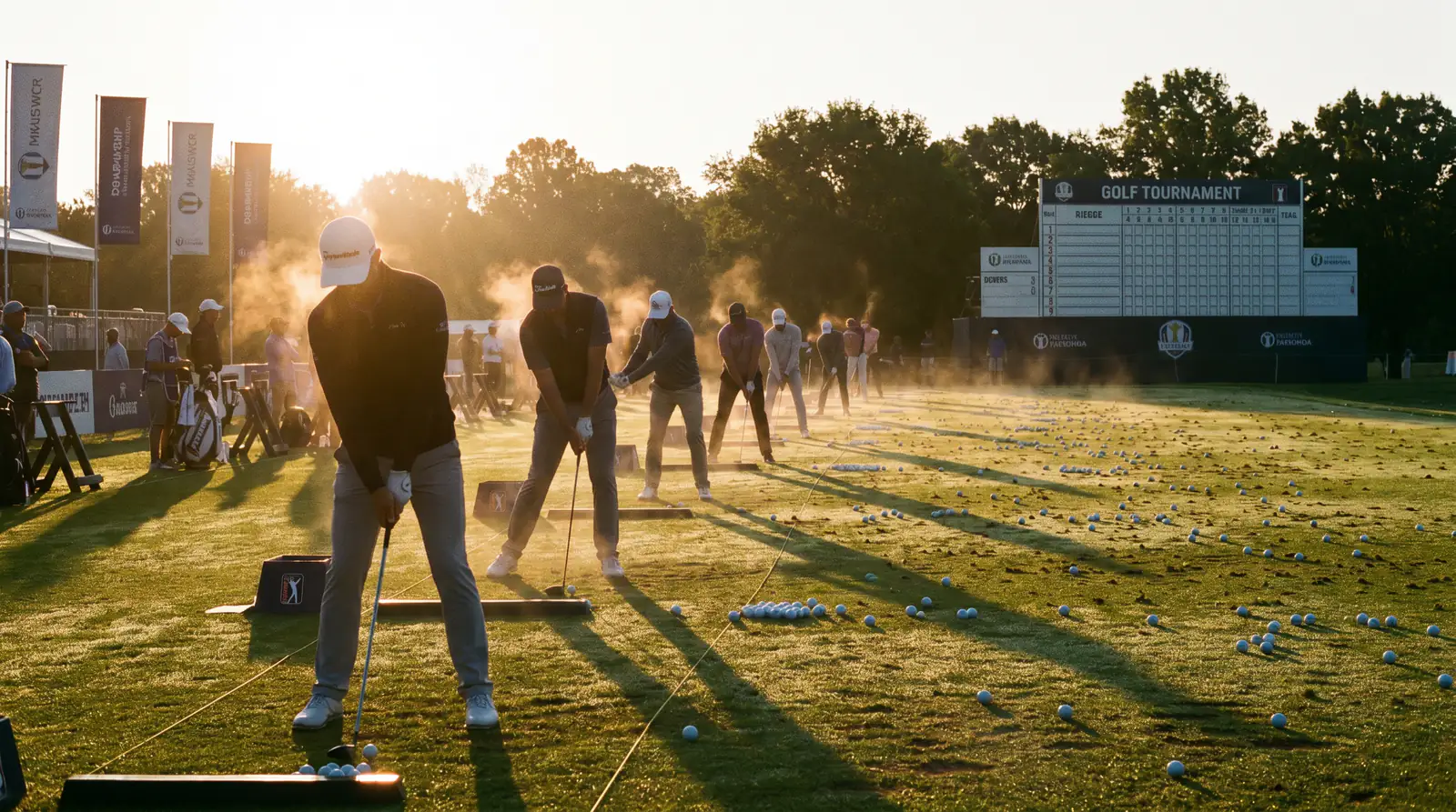 Early morning tee time with golfers warming up on the practice range before round one