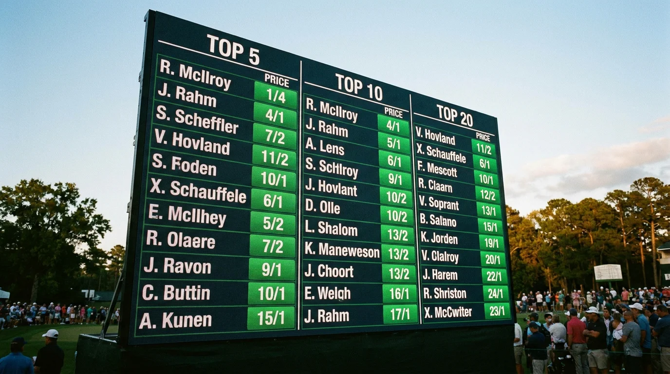 Betting screen showing top 5, top 10 and top 20 market odds for a professional golf tournament