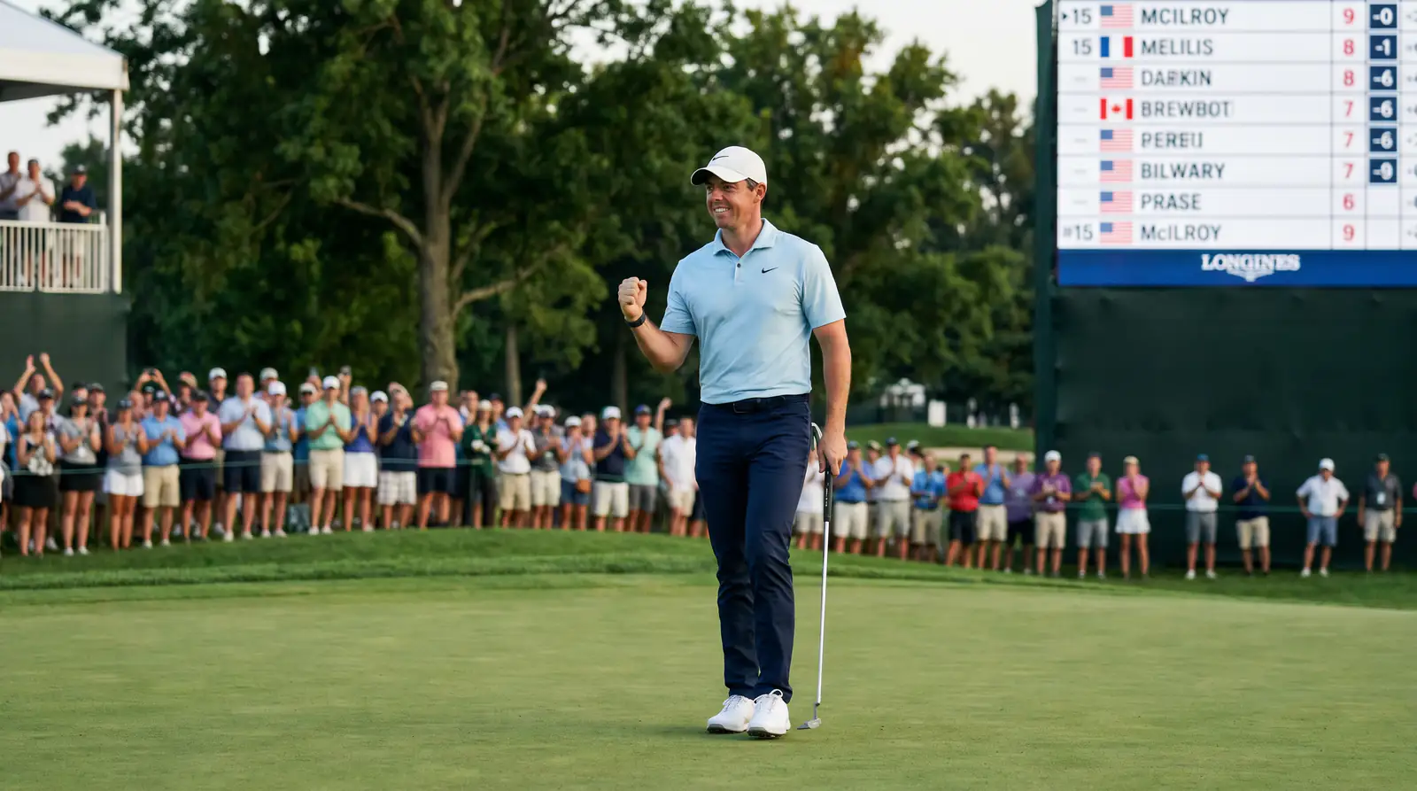 Professional golfer celebrating after securing a top-20 finish with fist pump on the final green