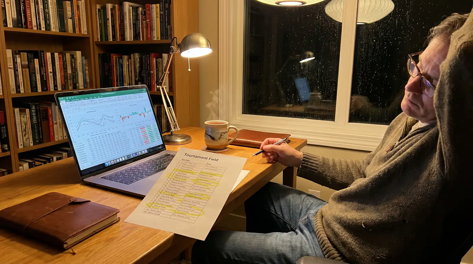 Golf bettor conducting a weekly value scan with tournament field list and statistics