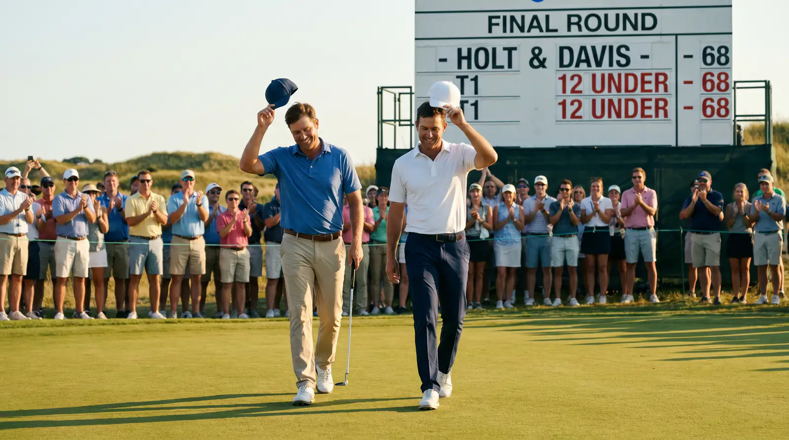 Two golfers finishing their rounds on the same green with identical scores
