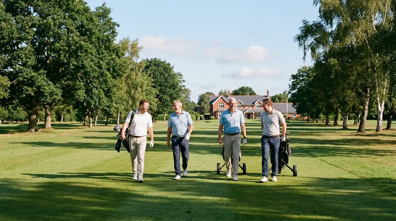 Group of golfers walking along a fairway at a green English golf club on a clear morning