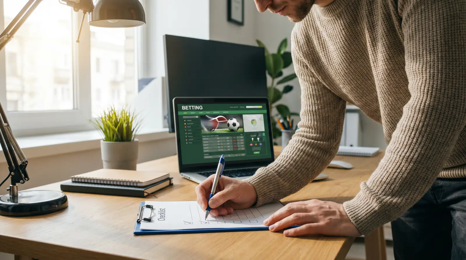 Person ticking off criteria on a checklist while reviewing a bookmaker website