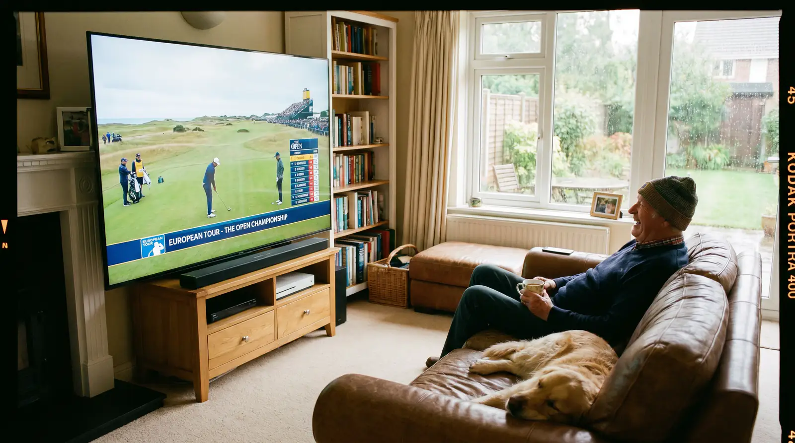 Sports fan watching live European golf coverage on television in a British setting