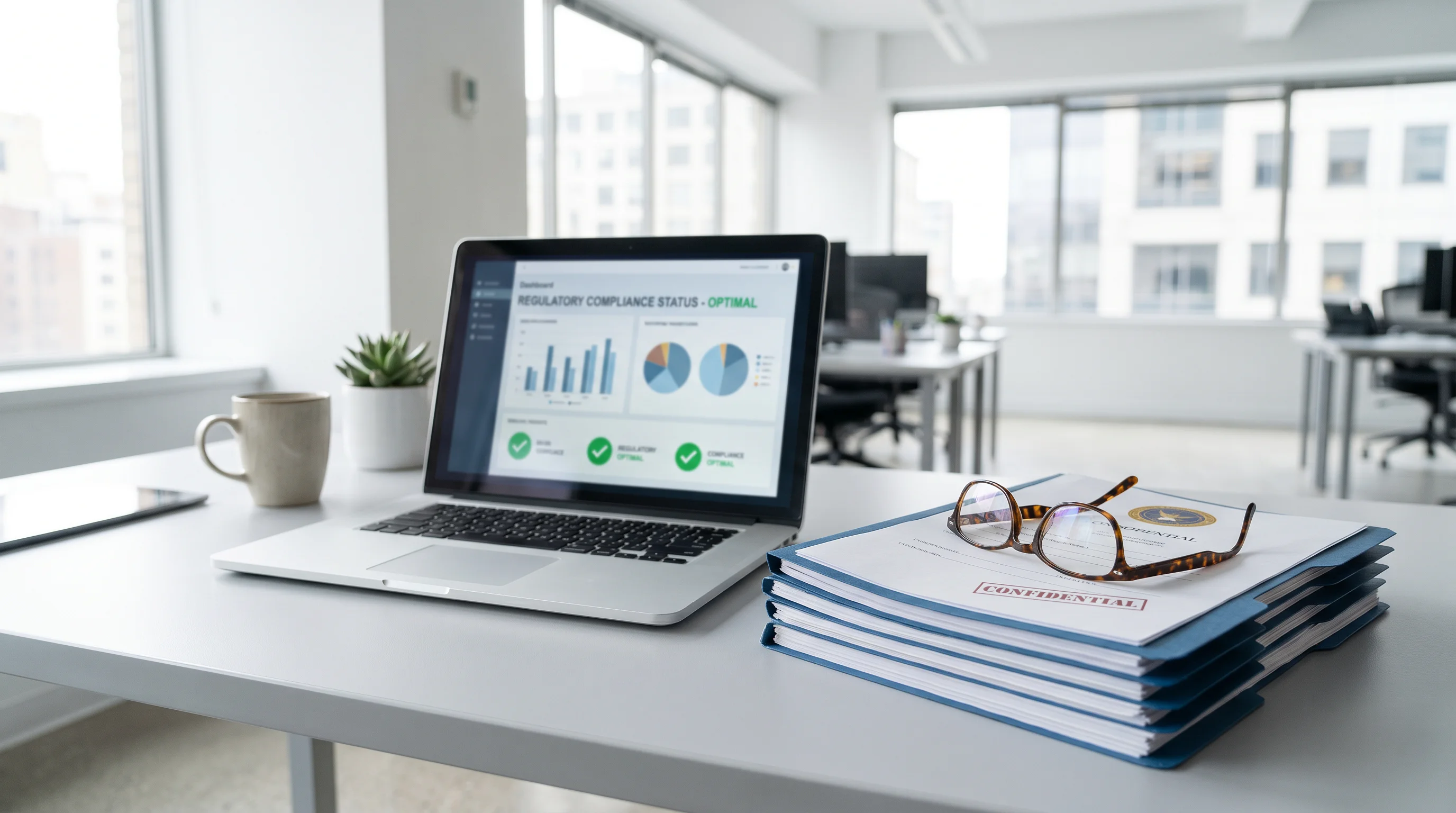 Professional office environment with a laptop displaying a betting regulatory compliance dashboard