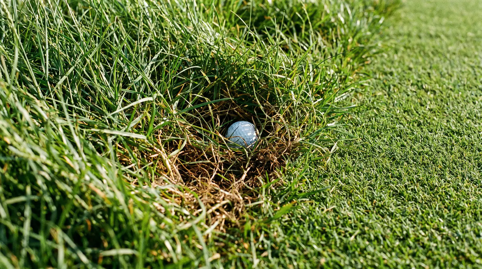 Extreme close-up of deep US Open rough next to a razor-thin fairway strip showing the USGA setup severity