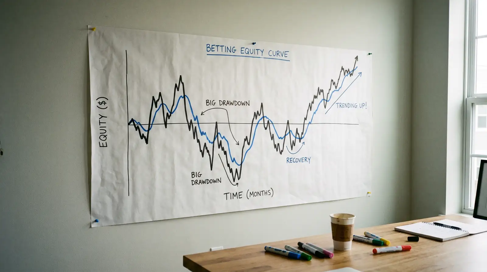 Hand-drawn equity curve showing the ups and downs of a golf betting bankroll over a season
