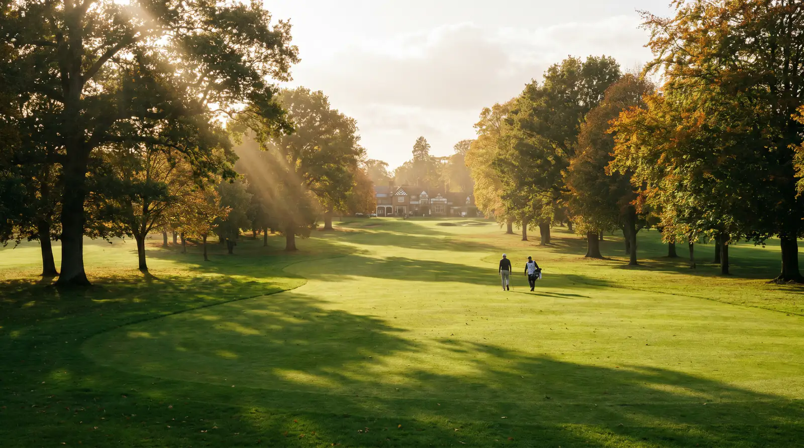 Lush green fairway on a classic European parkland golf course with mature trees lining both sides